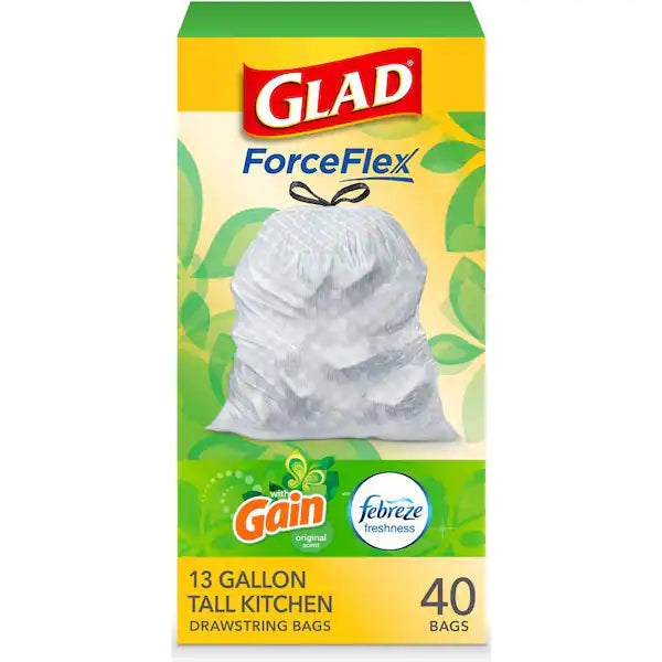 Glad ForceFlex 13 galones. Cocina alta con cordón Gain Original con bolsas de basura Febreze Freshness